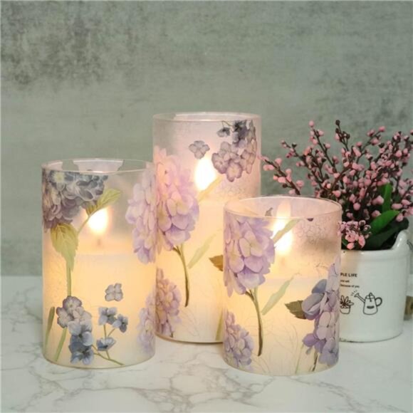 Hydrangea Glass Flameless Candles with Remote Timer Battery Operated LED Candle - Picture 5 of 7